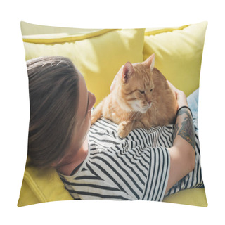 Personality  Young Woman Holding Cute Red Cat And Lying On Yellow Couch Pillow Covers