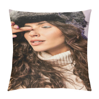 Personality  Charming Woman Wearing Furry Hat With Snow On It And Posing With Hand Near Face, Winter Beauty Pillow Covers