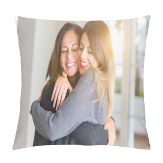 Personality  Beautiful Family Of Mother And Daughter Together, Hugging And Kissing At Home Pillow Covers