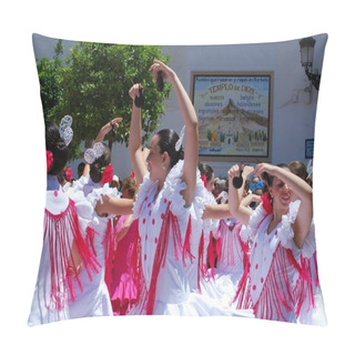 Personality  Teenage Girls Flamenco Dancing In The Plaza De La Iglesia During The Romeria San Bernabe, Marbella. Pillow Covers