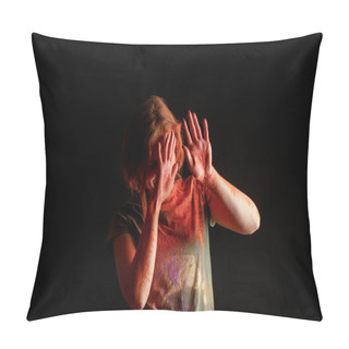Personality  Woman Covering Face With Orange Colorful Holi Paint On Hands On Black Background Pillow Covers
