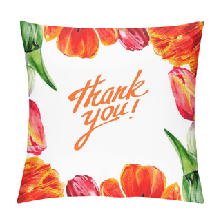Personality  Amazing Red Tulip Flowers With Green Leaves. Thank You Handwriting Monogram Calligraphy. Hand Drawn Flowers. Watercolor Background Illustration. Frame Border Square. Pillow Covers