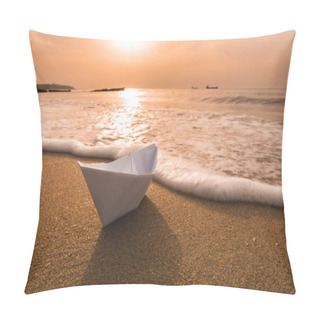 Personality  Paper Boat On The Beach During Sunrise With Motion Of The Waves Pillow Covers