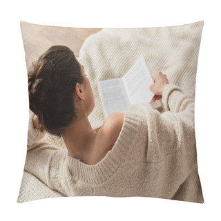 Personality  Back View Of Young Brunette Woman Reading Book While Resting On Bed At Home Pillow Covers