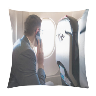 Personality  The Elegant Young Man Sitting On The Plane Near The Window And Using The Phone Pillow Covers
