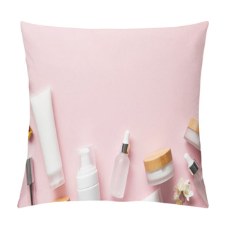 Personality  Top View Of Cream Tubes, Cosmetic Dispenser, Empty Jars And With Hand Cream, Mascara Bottles On Pink  Pillow Covers