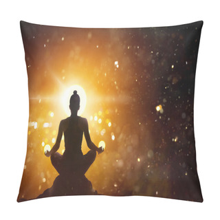 Personality  Woman Meditating In Lotus Pose Yoga With Abstract Background Pillow Covers