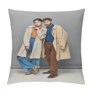 Personality  Trendy Couple In Trench Coats, Fashion Shot, Man And Woman, Outerwear, Grey Background, Style Pillow Covers