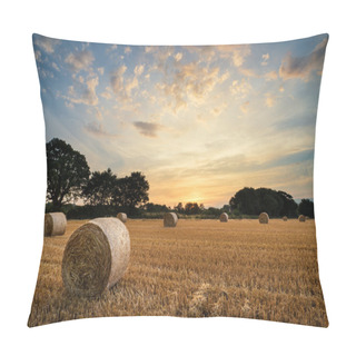 Personality  Rural Landscape Image Of Summer Sunset Over Field Of Hay Bales Pillow Covers
