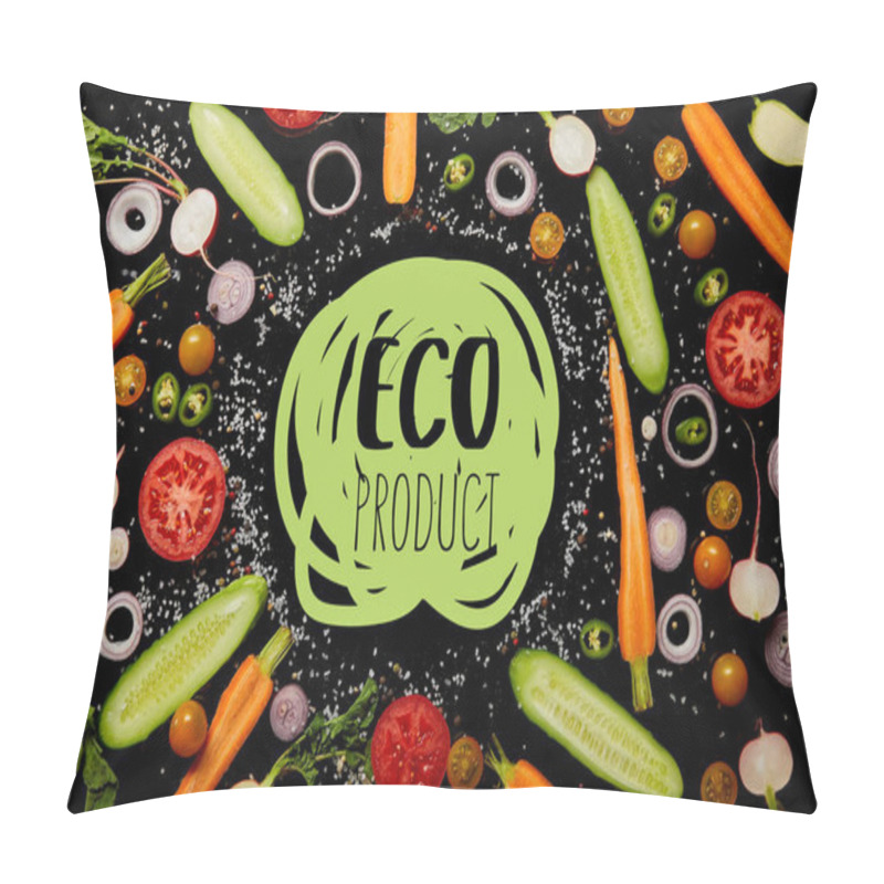 Personality  Top View Of Fresh Vegetable Slices With Salt With Eco Product Illustration Isolated On Black  Pillow Covers