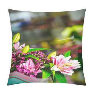 Personality  A Vibrant Vase Brimming With A Variety Of Flowers, Placed On Top Of A Table With Ample Copy Space. Pillow Covers