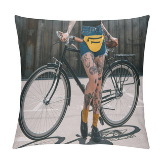 Personality  Cropped Image Of Stylish Tattooed Girl With Waist Bagstanding With Bicycle At Street Pillow Covers