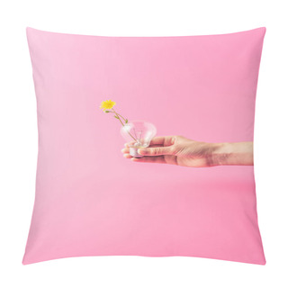 Personality  Cropped Shot Of Person Holding Light Bulb With Yellow Flower Isolated On Pink Pillow Covers
