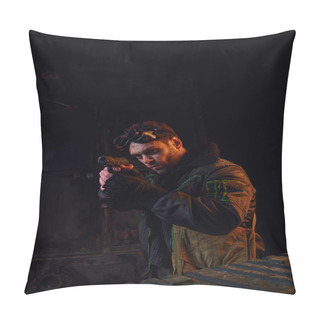 Personality  Man With Military Goggles Looking Away And Aiming With Gun In Red Light Of Post-apocalyptic Subway Pillow Covers