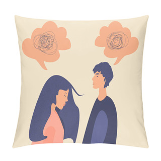Personality  Frustrated Sad Woman And Man In A Quarrel With Nervous Problem Feel Anxiety And Confusion Of Thoughts. The Couple With Mental Disorder, Problems And Chaos. Speech Bubble. Flat Vector Illustration. Pillow Covers