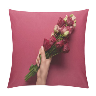 Personality  Cropped View Of Woman Holding Bouquet In Hands On Ruby Background  Pillow Covers