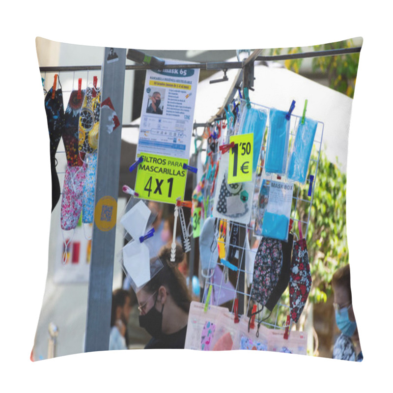 Personality  Valencia, Spain. October 11, 2020: Market Stall With Fashion Or Hygienic Masks With Different Prints. Yellow Sign: Mask Filters 4 By 1 Euro Pillow Covers