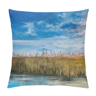 Personality  Oil Painting Of A Warm Day Rural Summer Landscape In Danube Delta. Trees, Reeds, And Sky Are Reflected In The Water. Pillow Covers