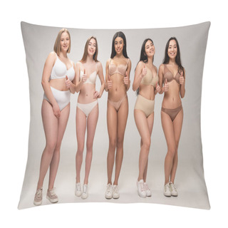 Personality  Five Pretty Multicultural Young Women In Lingerie Showing Thumbs Up, Body Positivity Concept Pillow Covers