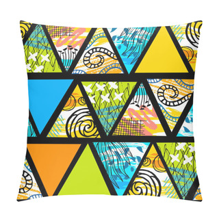 Personality  African Batik Tropical Seamless Pattern. Abstract Unusual Summer Time Decoration, Triangles Collage Tropical Palm Leaves Hearts Flowers Ornament. Hand Drawn Vector Illustrations. Pillow Covers