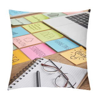 Personality  Paper Stickers With Business Strategy, Laptop And Notebook With Pencil On Tabletop Pillow Covers