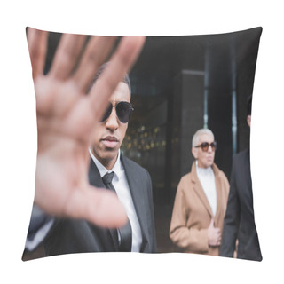 Personality  Mixed Race Security Man Showing Stop Gesture Near Senior Businesswoman And African American Bodyguard  Pillow Covers