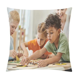 Personality  African American Kid Playing With Didactic Material Near Children And Teacher In Montessori School Pillow Covers