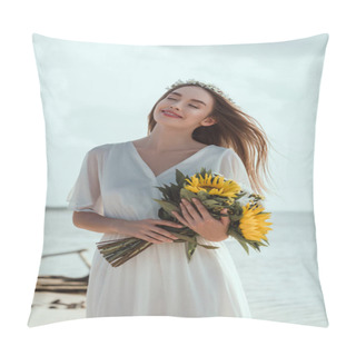 Personality  Beautiful Smiling Girl In White Dress Holding Bouquet With Sunflowers On Beach Pillow Covers