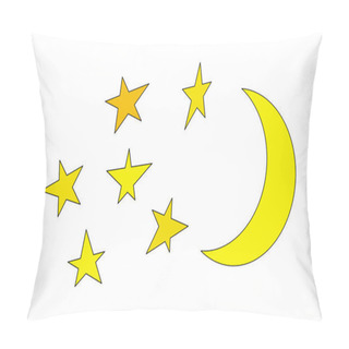 Personality  Illustration. Moon And Stars Closeup. Abstract Moon. Yellow Moon And Stars Isolated On White Background Pillow Covers