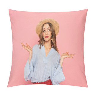 Personality  Stylish Woman In Straw Hat Pointing With Hands Isolated On Pink  Pillow Covers
