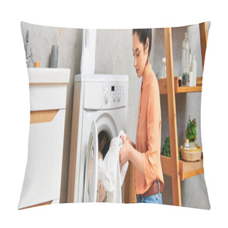 Personality  A Stylish Woman In Casual Clothing Gracefully Places A Cloth Into A Humming Dryer. Pillow Covers