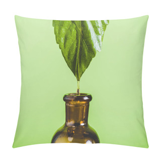 Personality  Essential Oil Dripping From Leaf Into Glass Bottle Isolated On Green Pillow Covers