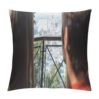 Personality  Back View Of Blurred Travelers Looking At City At Daytime, Banner  Pillow Covers