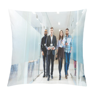 Personality  Group Of Happy Young Business People Walking In Office Together Pillow Covers