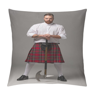 Personality  Serious Scottish Redhead Man In Red Kilt With Battle Axe On Grey Background Pillow Covers