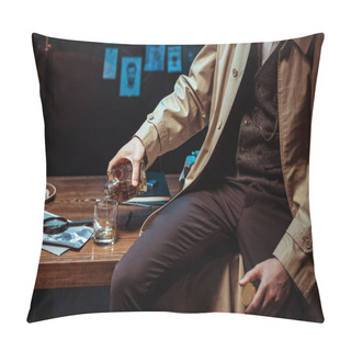 Personality  Partial View Of Detective Pouring Cognac In Glass While Sitting On Table Pillow Covers