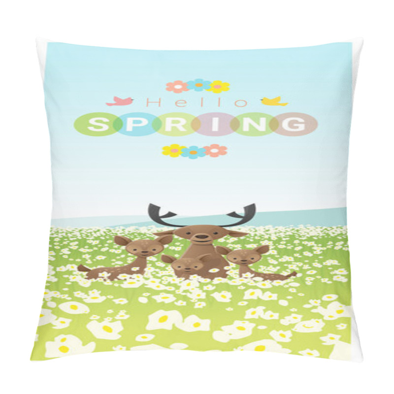 Personality  Hello Spring Landscape Background With Deer Family , Vector , Illustration Pillow Covers