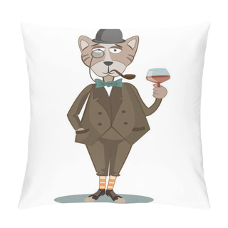 Personality  Fashion Illustration Of Dressed Up Cat, In Hat With Whiskey. Vector Illustration Pillow Covers