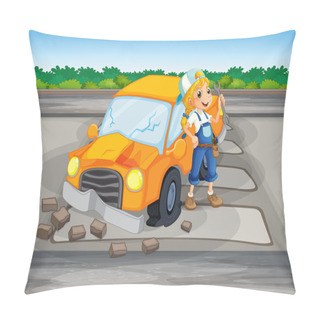 Personality  A Girl Repairing The Damaged Car At The Road Pillow Covers
