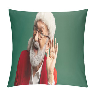 Personality  Jolly Man Dressed As Santa With Red Hat With Hand Near Ear Looking At Camera, Winter Concept, Banner Pillow Covers