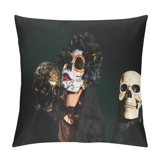 Personality Woman In Mexican Santa Muerte Costume Holding Skulls On Dark Green Background  Pillow Covers