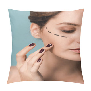Personality  Cropped View Of Woman Touching Face With Marked Lines Isolated On Blue  Pillow Covers