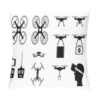 Personality  Drone Icon Set With Gadget And Accessories. Vector Icons Of Drones In Top And Side View. Drone Remote Controller With Phone Screen, Camera, Claw, And FPV Goggles. Drone Send Parcel And Medical Supply. Pillow Covers