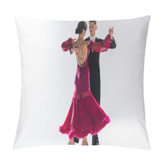 Personality  Elegant Young Couple Of Ballroom Dancers In Red Dress In Suit Dancing On White Pillow Covers