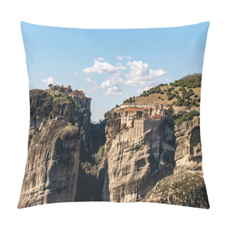 Personality  Orthodox Monasteries On Rock Formations Near Mountains In Meteora  Pillow Covers