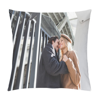 Personality  Low Angle View Of Romantic Couple With Closed Eyes Embracing Near Fence In City Pillow Covers