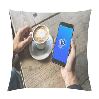 Personality  Cropped Shot Of Man With Cup Of Cappuccino Using Smartphone With Shazam App On Screen Pillow Covers