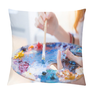 Personality  Paintbrush In Woman Hands Mixing Paints On Palette Pillow Covers