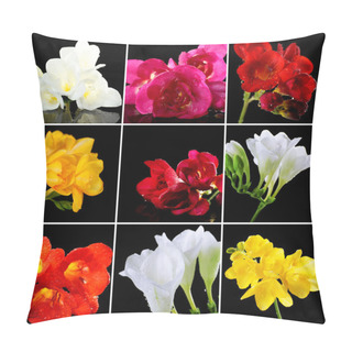 Personality  Collage Of Beautiful  Freesias On Black Background Pillow Covers