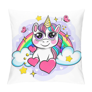 Personality  Beautiful Unicorn On Rainbow Background, Vector Cartoon Illustration Pillow Covers